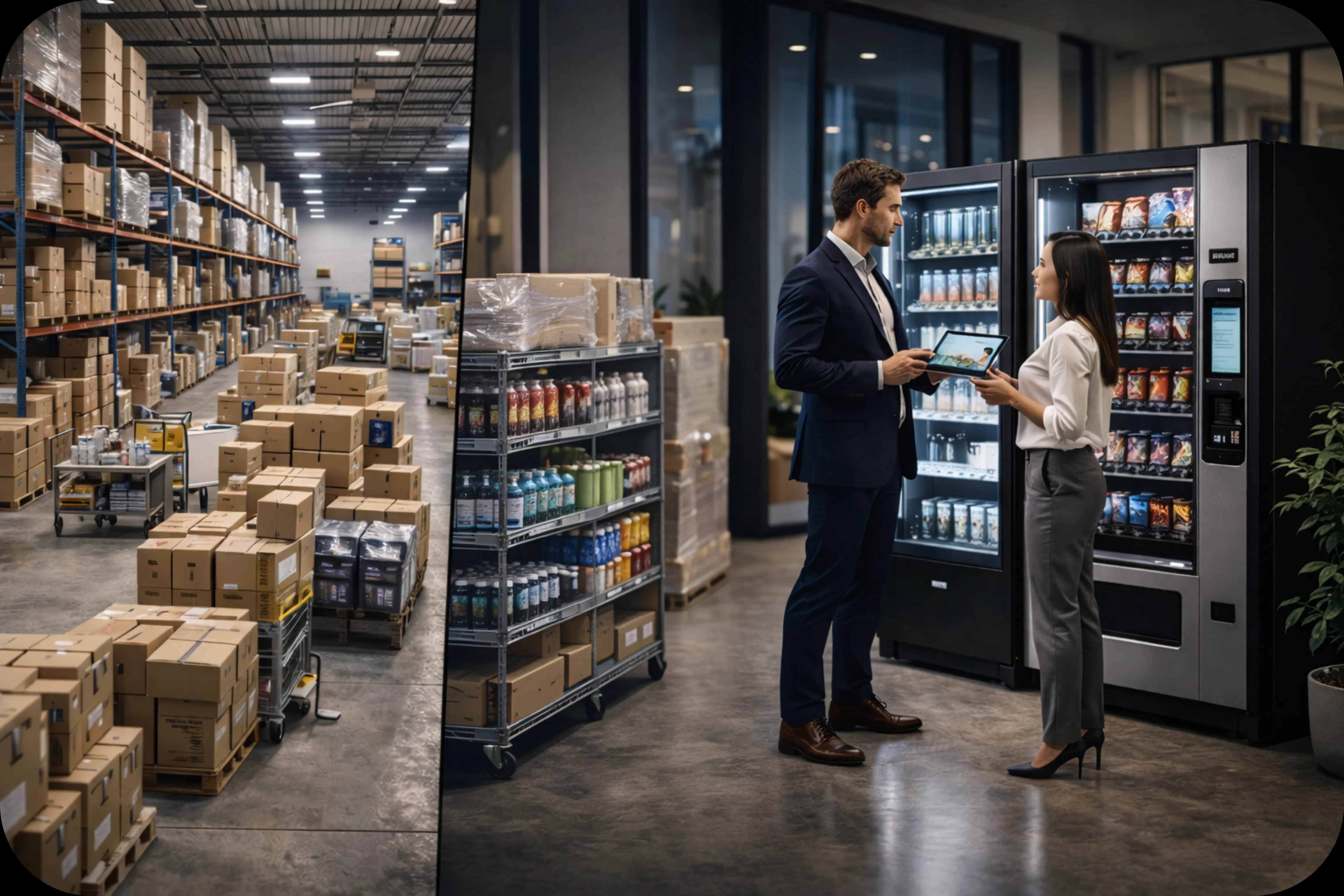 Warehouse operations and a client consultation at a vending machine