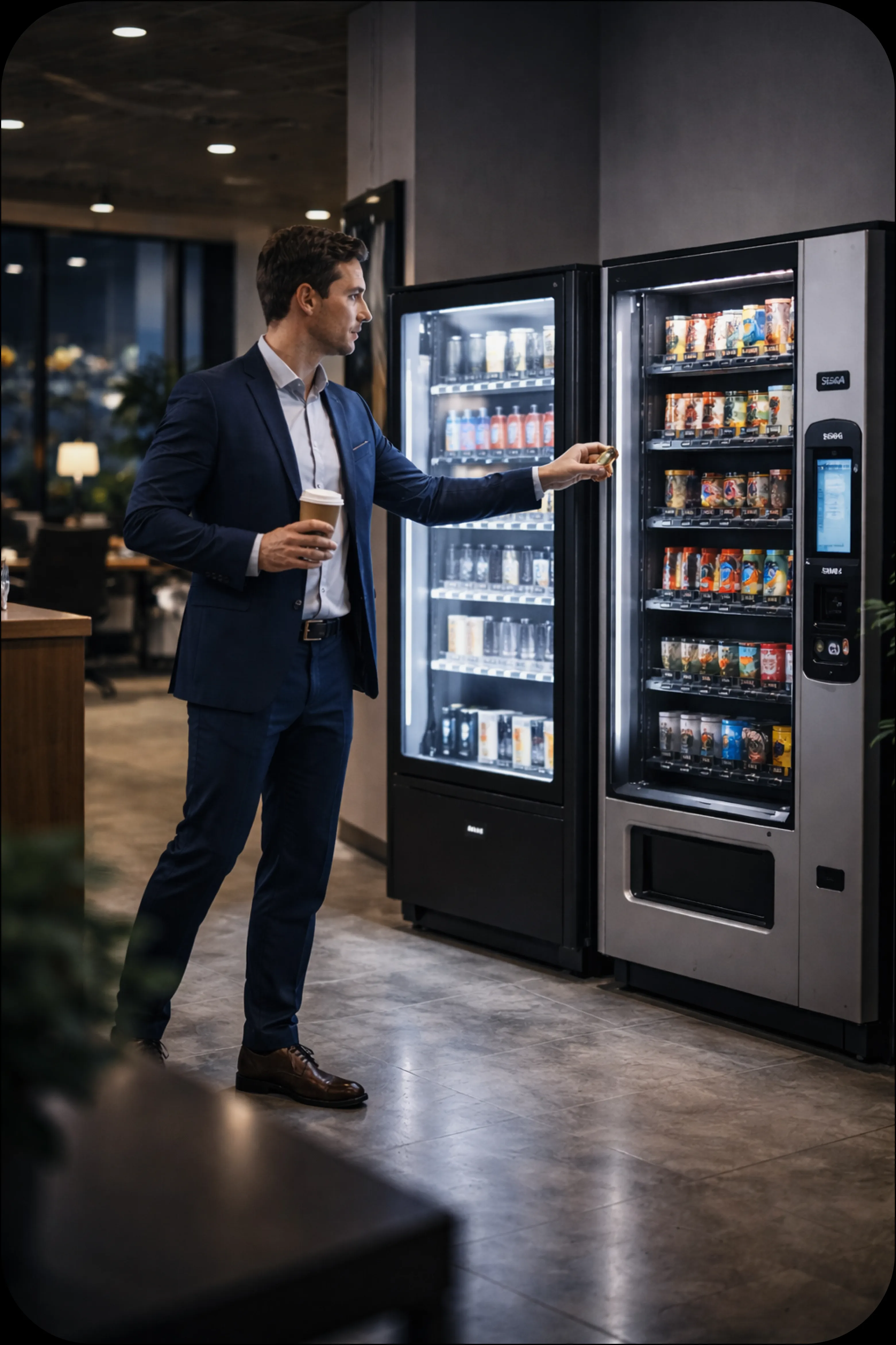 A businessman selecting a product from a smart vending machine