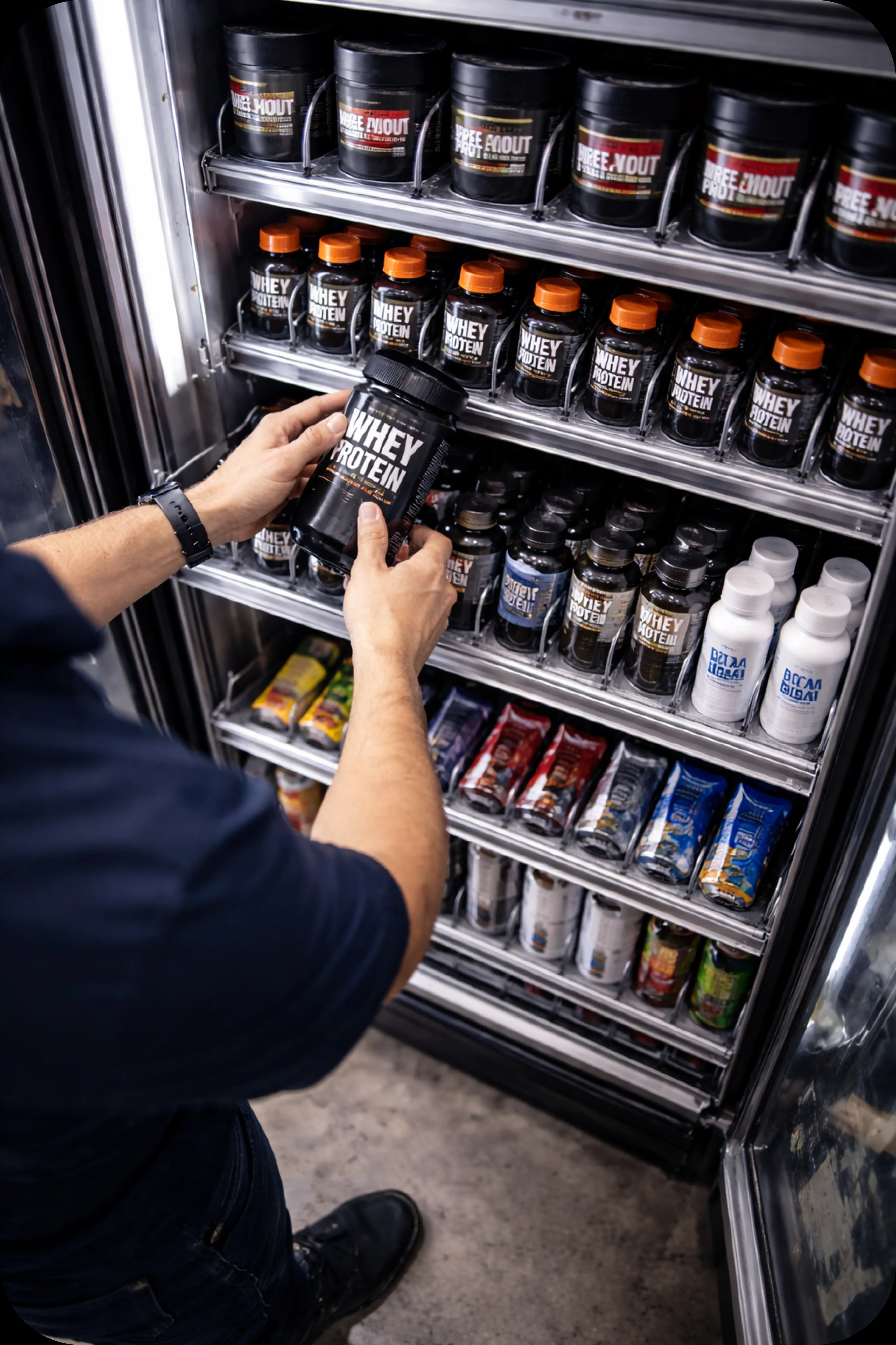 Staff restocking a vending machine with protein and snack products